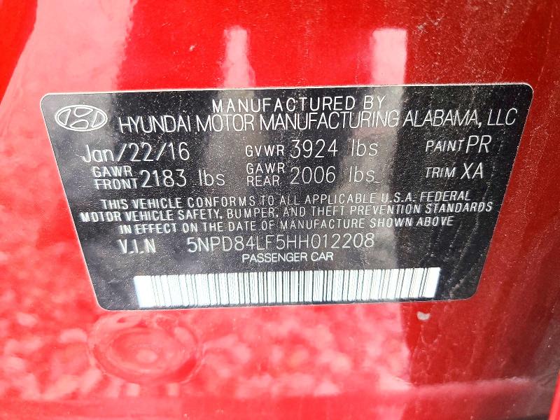 71795236 :رقم المزاد ، 5NPD84LF5HH012208 vin ، 2017 Hyundai Elantra مزاد بيع
