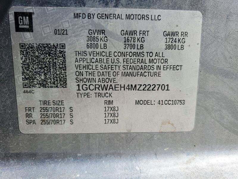Aukcja sprzedaży 2021 Chevrolet Silverado, vin: 1GCRWAEH4MZ222701, numer aukcji: 72859646