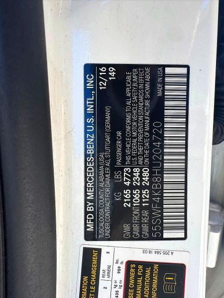 Продаж на аукціоні авто 2017 Mercedes-benz C, vin: 55SWF4KB8HU204720, номер лоту: 72452966