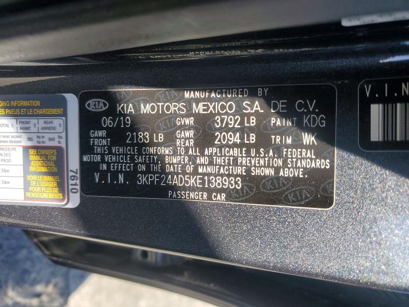 2019 Kia Forte მანქანა იყიდება აუქციონზე, vin: 3KPF24AD5KE138933, აუქციონის ნომერი: 72430256