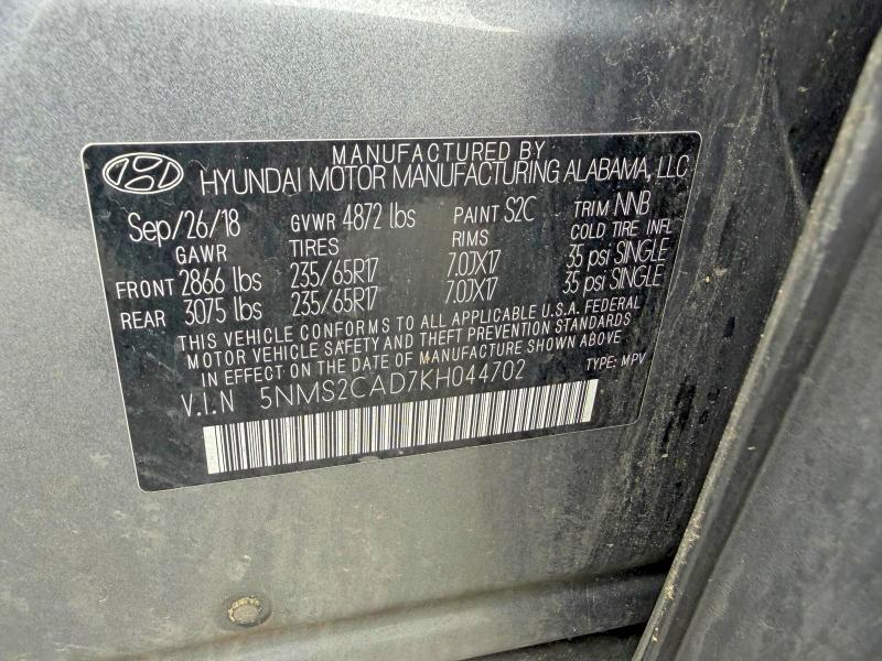 2019 Hyundai Santa Fe მანქანა იყიდება აუქციონზე, vin: 5NMS2CAD7KH044702, აუქციონის ნომერი: 71503366