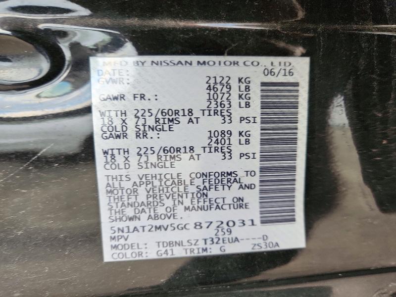71778636 :رقم المزاد ، 5N1AT2MV5GC872031 vin ، 2016 Nissan Rogue مزاد بيع