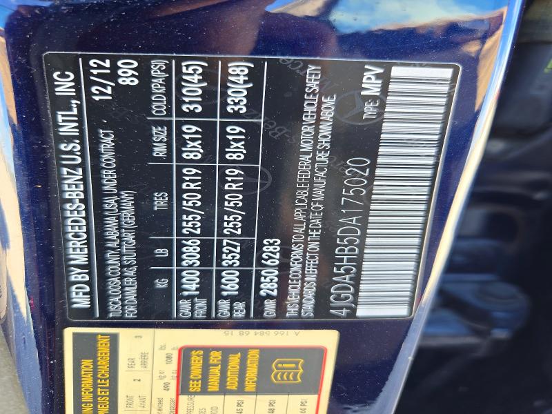 72709746 :رقم المزاد ، 4JGDA5HB5DA175020 vin ، 2013 Mercedes-benz Ml مزاد بيع
