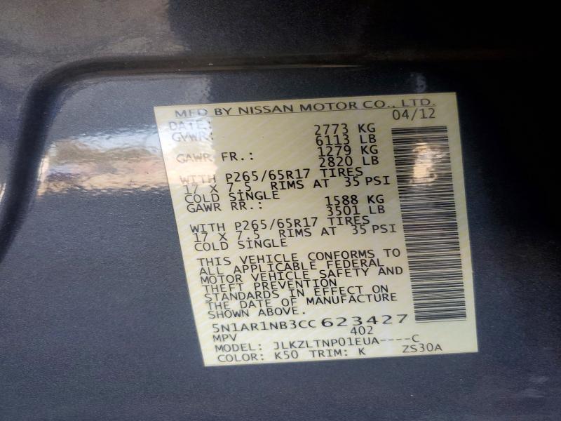 70367076 :رقم المزاد ، 5N1AR1NB3CC623427 vin ، 2012 Nissan Pathfinder مزاد بيع