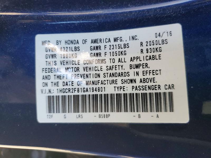 Продажа на аукционе авто 2016 Honda Accord, vin: 1HGCR2F81GA194801, номер лота: 70601726