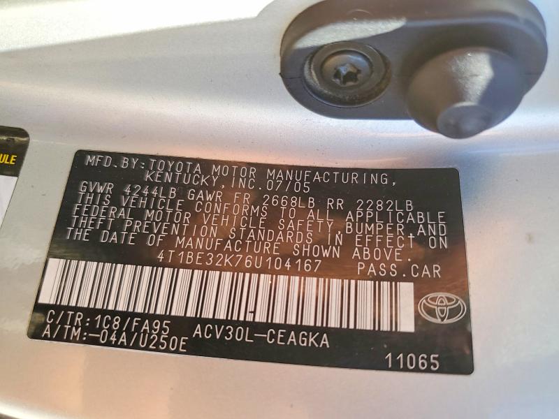 71955496 :رقم المزاد ، 4T1BE32K76U104167 vin ، 2006 Toyota Camry مزاد بيع