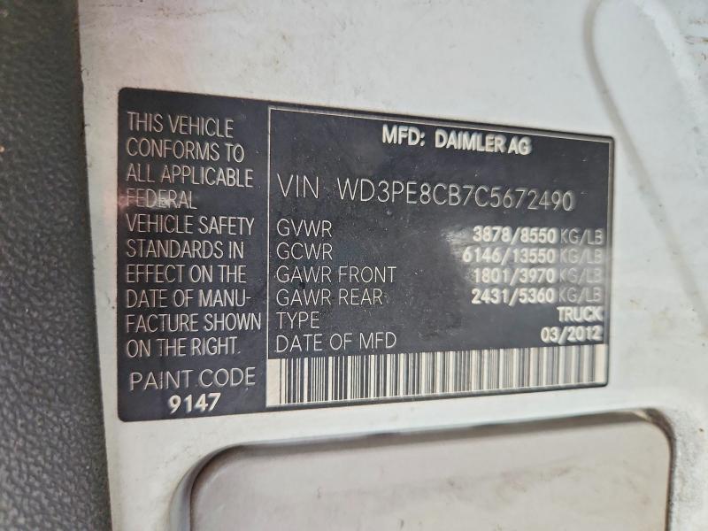 2012 Mercedes-benz Sprinter მანქანა იყიდება აუქციონზე, vin: WD3PE8CB7C5672490, აუქციონის ნომერი: 70726296