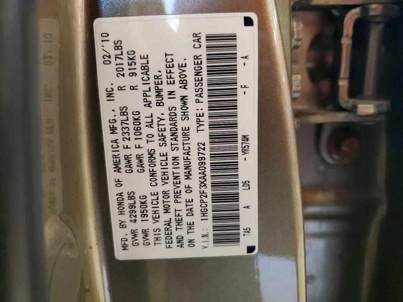 2010 Honda Accord მანქანა იყიდება აუქციონზე, vin: 1HGCP2F3XAA099722, აუქციონის ნომერი: 71823496