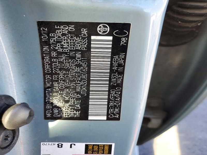 71300276 :رقم المزاد ، JTDKN3DU8D1624511 vin ، 2013 Toyota Prius مزاد بيع
