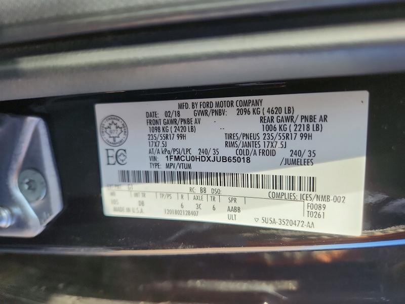 2018 Ford Escape მანქანა იყიდება აუქციონზე, vin: 1FMCU0HDXJUB65018, აუქციონის ნომერი: 71594696