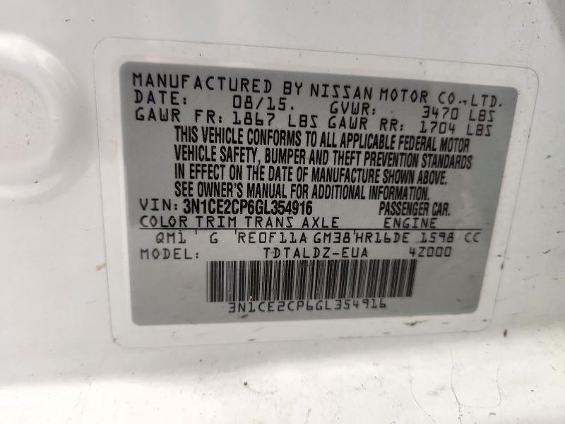 2016 Nissan Versa Note მანქანა იყიდება აუქციონზე, vin: 3N1CE2CP6GL354916, აუქციონის ნომერი: 71806706