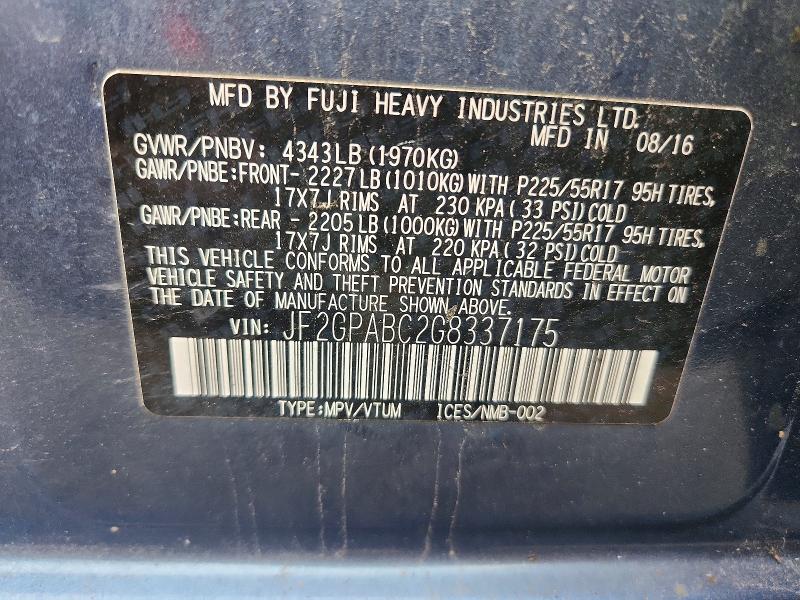 70783016 :رقم المزاد ، JF2GPABC2G8337175 vin ، 2016 Subaru Crosstrek مزاد بيع