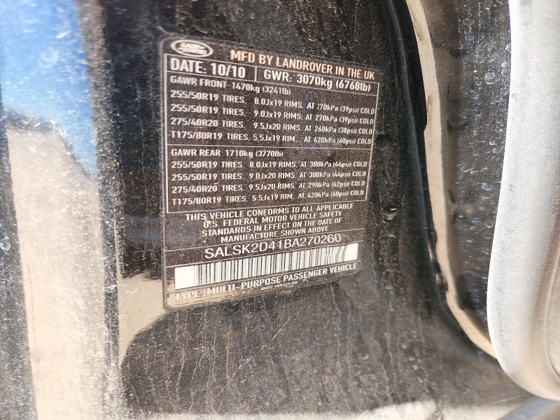 2011 Land Rover Range Rover Sport მანქანა იყიდება აუქციონზე, vin: SALSK2D41BA270260, აუქციონის ნომერი: 71853226