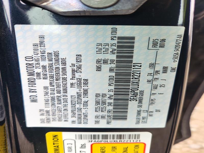 2020 Ford Fusion მანქანა იყიდება აუქციონზე, vin: 3FA6P0LUXLR221121, აუქციონის ნომერი: 69460186