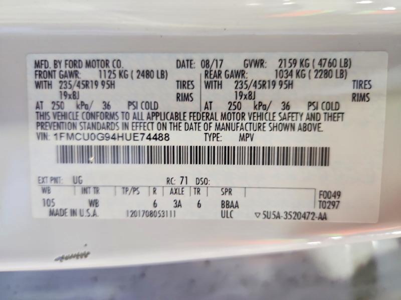 2017 Ford Escape მანქანა იყიდება აუქციონზე, vin: 1FMCU0G94HUE74488, აუქციონის ნომერი: 71966496