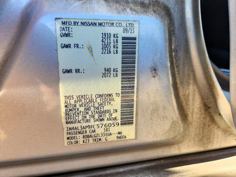 2015 Nissan Altima მანქანა იყიდება აუქციონზე, vin: 1N4AL3AP9FC576059, აუქციონის ნომერი: 72284866