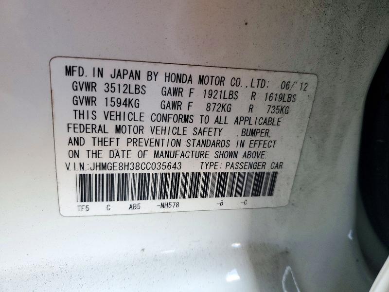 72025756 :رقم المزاد ، JHMGE8H38CC035643 vin ، 2012 Honda Fit مزاد بيع