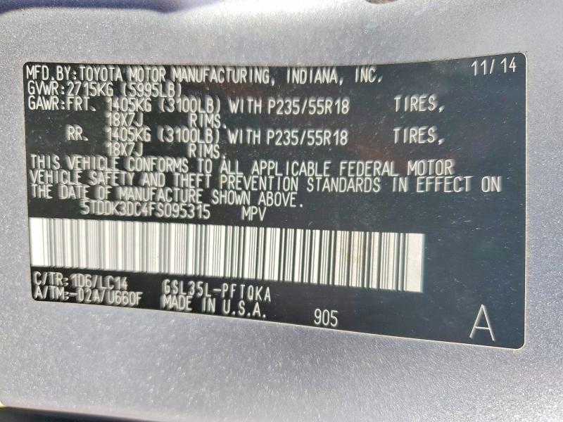 Aukcja sprzedaży 2015 Toyota Sienna, vin: 5TDDK3DC4FS095315, numer aukcji: 71202866