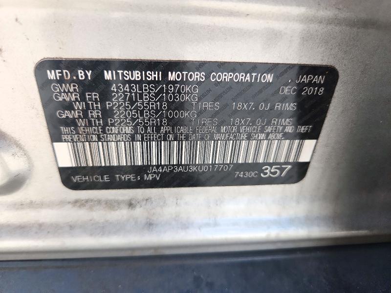 2019 Mitsubishi Outlander Sport მანქანა იყიდება აუქციონზე, vin: JA4AP3AU3KU017707, აუქციონის ნომერი: 72131346