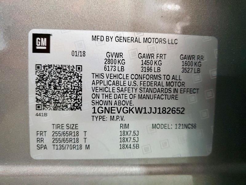 72351796 :رقم المزاد ، 1GNEVGKW1JJ182652 vin ، 2018 Chevrolet Traverse مزاد بيع