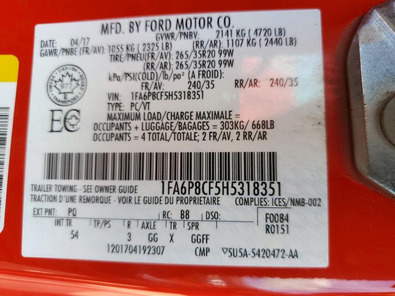 Продаж на аукціоні авто 2017 Ford Mustang, vin: 1FA6P8CF5H5318351, номер лоту: 71773166