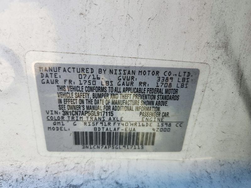 Продаж на аукціоні авто 2016 Nissan Versa, vin: 3N1CN7AP5GL917115, номер лоту: 72200146