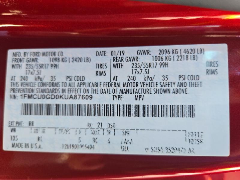 Продажа на аукционе авто 2019 Ford Escape, vin: 1FMCU0GD0KUA87609, номер лота: 72063096