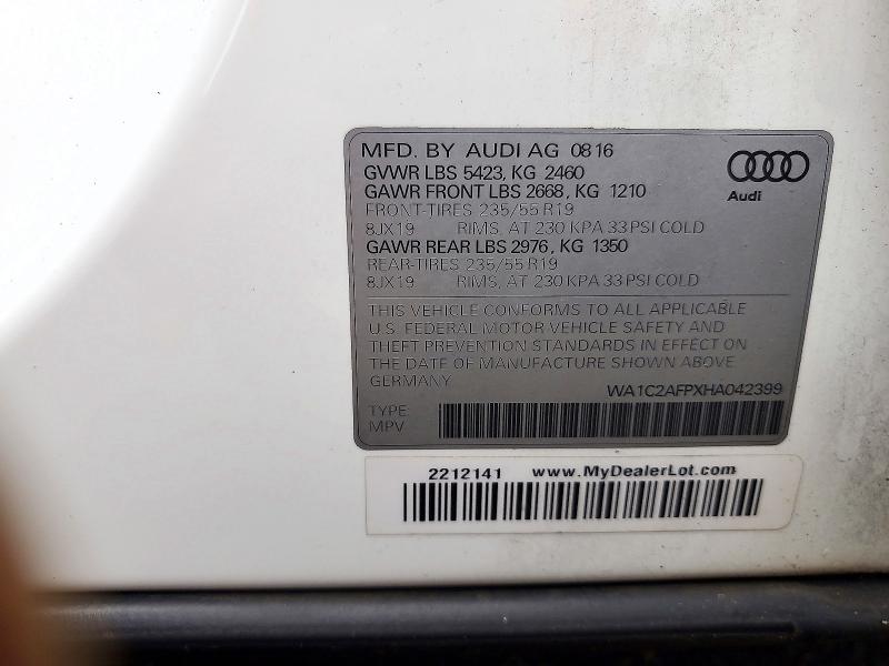 Продажа на аукционе авто 2017 Audi Q5, vin: WA1C2AFPXHA042399, номер лота: 73134376