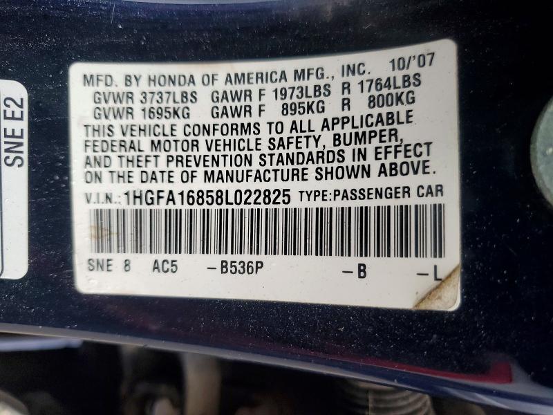 72752736 :رقم المزاد ، 1HGFA16858L022825 vin ، 2008 Honda Civic مزاد بيع