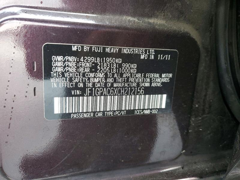 2012 Subaru Impreza მანქანა იყიდება აუქციონზე, vin: JF1GPAC6XCH212156, აუქციონის ნომერი: 74114086