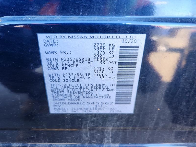 71294966 :رقم المزاد ، 5N1DL0MM8LC545562 vin ، 2020 Infiniti Qx60 مزاد بيع