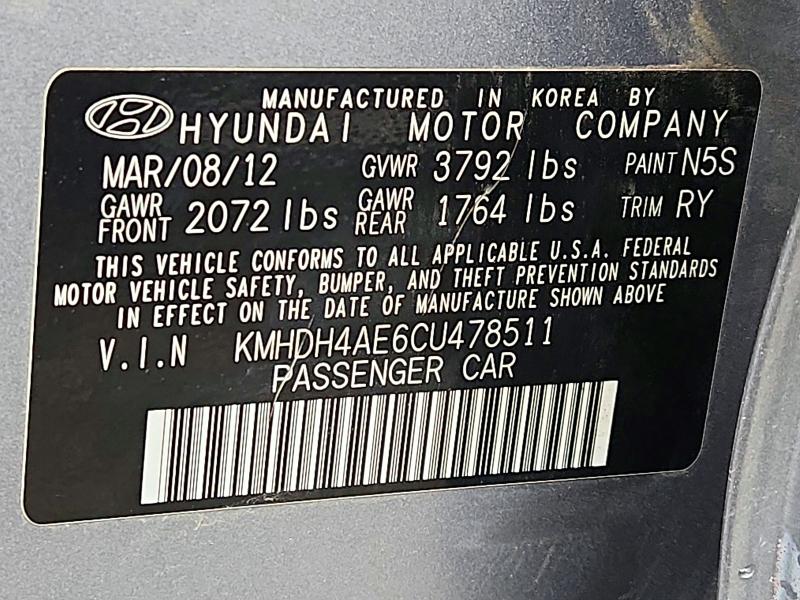 2012 Hyundai Elantra მანქანა იყიდება აუქციონზე, vin: KMHDH4AE6CU478511, აუქციონის ნომერი: 72513396