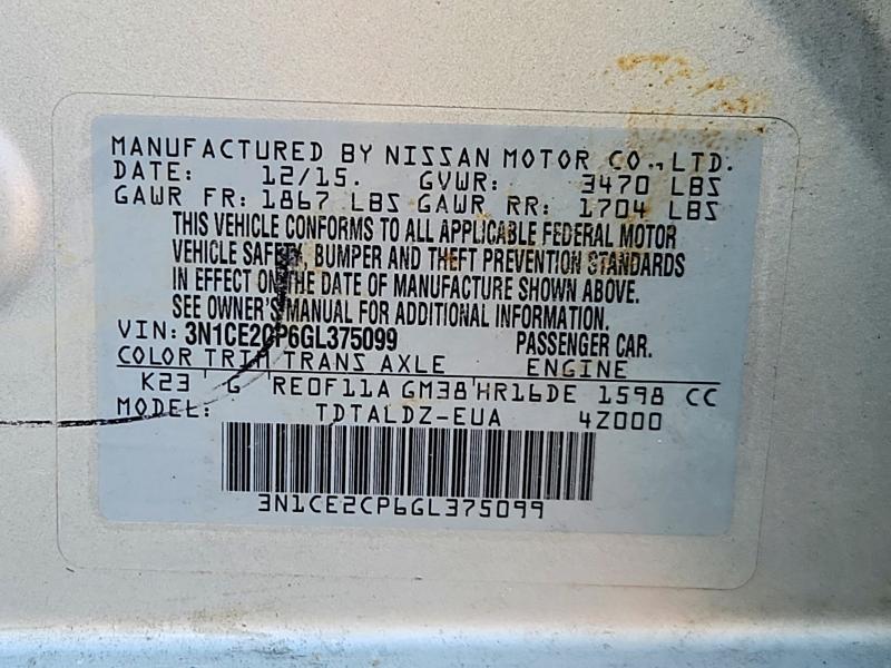 Продажа на аукционе авто 2016 Nissan Versa Note, vin: 3N1CE2CP6GL375099, номер лота: 72044176