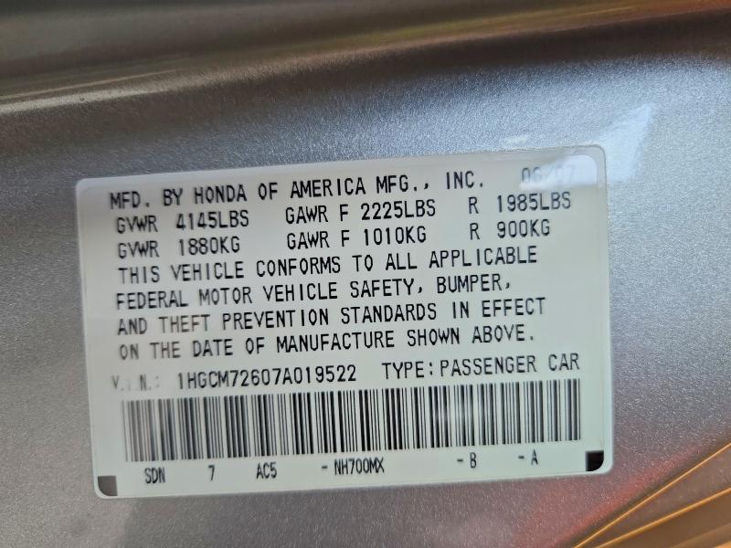 Auction sale of the 2007 Honda Accord, vin: 1HGCM72607A019522, lot number: 71611976