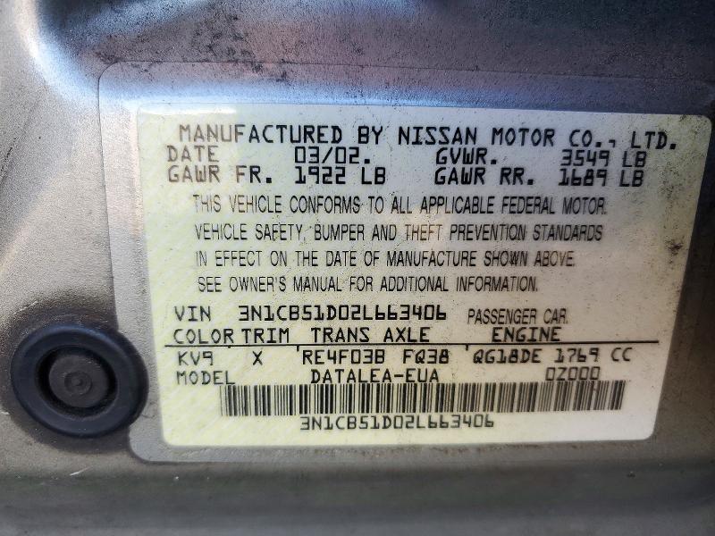 Продажа на аукционе авто 2002 Nissan Sentra, vin: 3N1CB51D02L663406, номер лота: 72311776