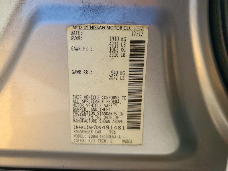 2013 Nissan Altima მანქანა იყიდება აუქციონზე, vin: 1N4AL3AP7DN491481, აუქციონის ნომერი: 71761206