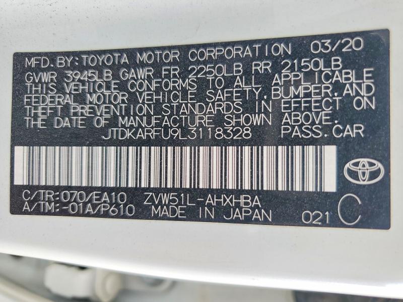 Продаж на аукціоні авто 2020 Toyota Prius, vin: JTDKARFU9L3118328, номер лоту: 71595176