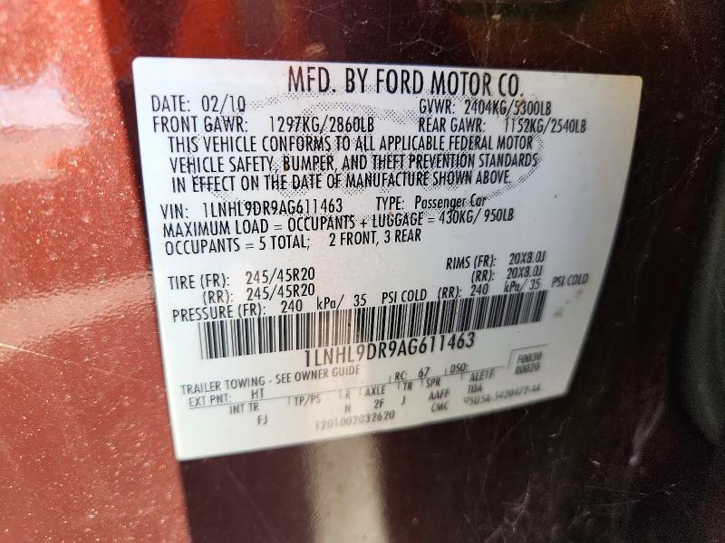 73369226 :رقم المزاد ، 1LNHL9DR9AG611463 vin ، 2010 Lincoln Mks مزاد بيع