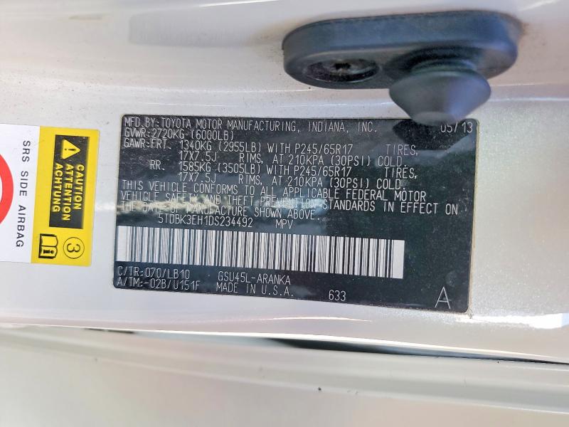 Продаж на аукціоні авто 2013 Toyota Highlander, vin: 5TDBK3EH1DS234492, номер лоту: 70565436
