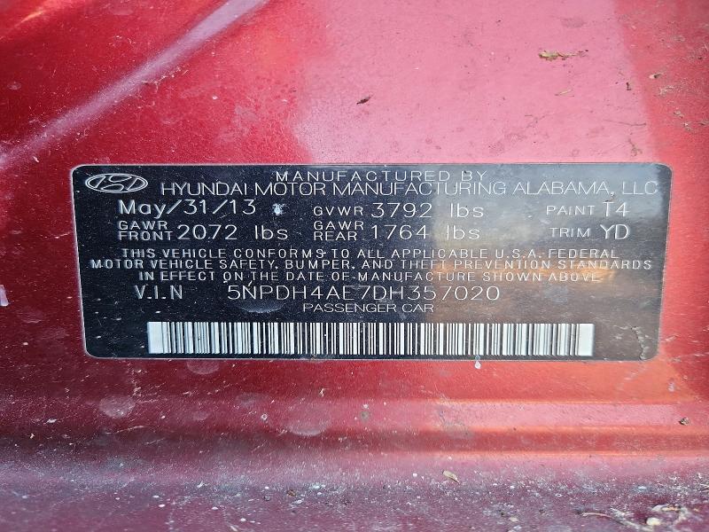 Aukcja sprzedaży 2013 Hyundai Elantra, vin: 5NPDH4AE7DH357020, numer aukcji: 71428016