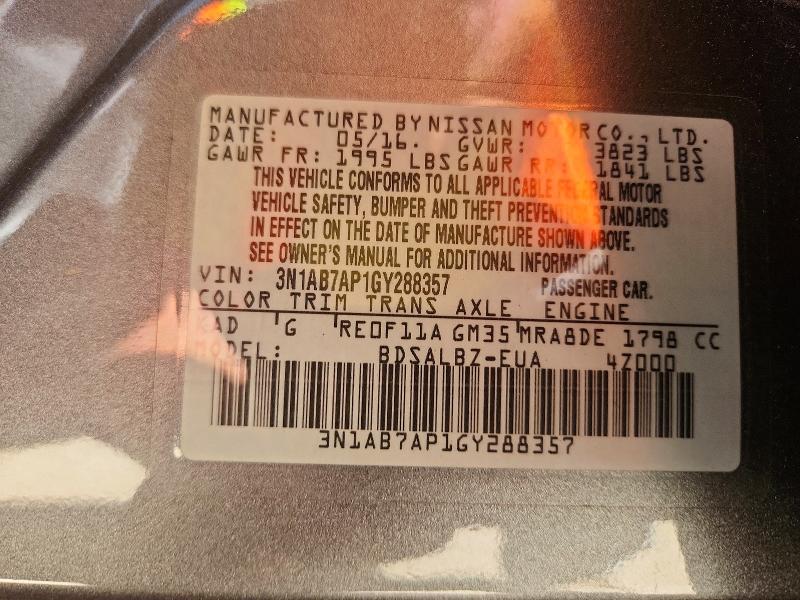 72037416 :رقم المزاد ، 3N1AB7AP1GY288357 vin ، 2016 Nissan Sentra مزاد بيع