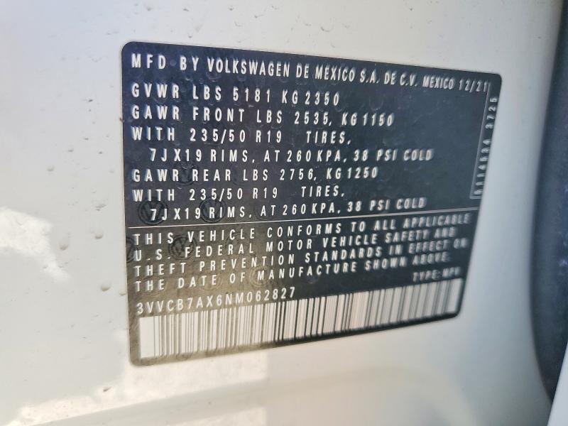 2022 Volkswagen Tiguan მანქანა იყიდება აუქციონზე, vin: 3VVCB7AX6NM062827, აუქციონის ნომერი: 71279696