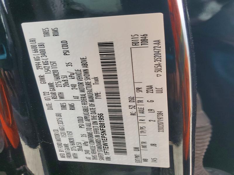 2022 Ford F150 მანქანა იყიდება აუქციონზე, vin: 1FTEW1EP5NFB81956, აუქციონის ნომერი: 71050866
