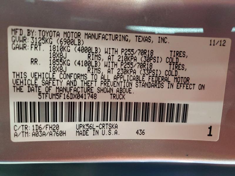 72377816 :رقم المزاد ، 5TFUM5F16DX041748 vin ، 2013 Toyota Tundra مزاد بيع