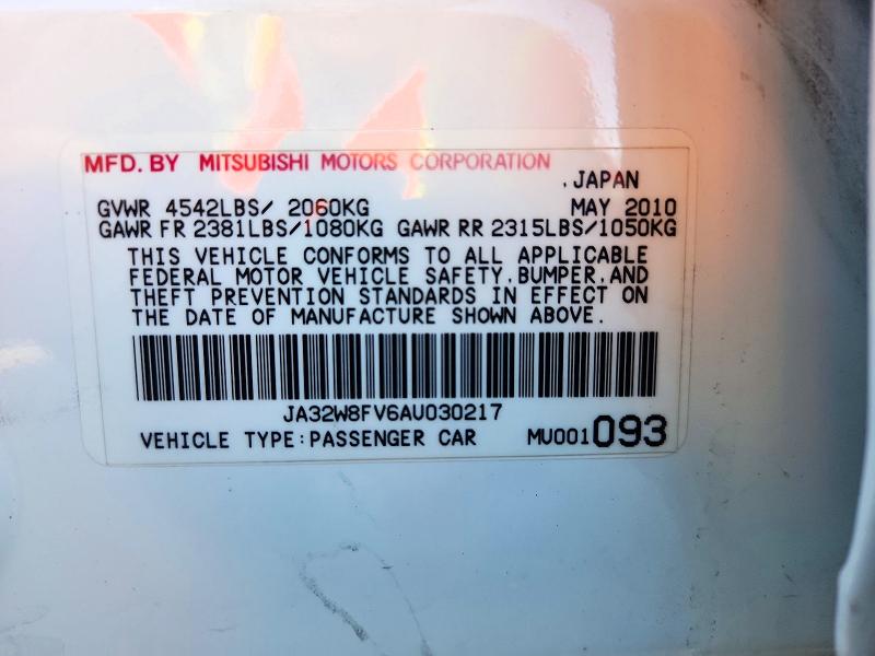2010 Mitsubishi Lancer მანქანა იყიდება აუქციონზე, vin: JA32W8FV6AU030217, აუქციონის ნომერი: 72040586