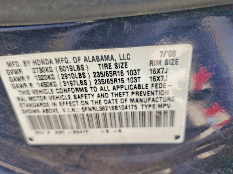 71189546 :رقم المزاد ، 5FNRL38218B104175 vin ، 2008 Honda Odyssey مزاد بيع