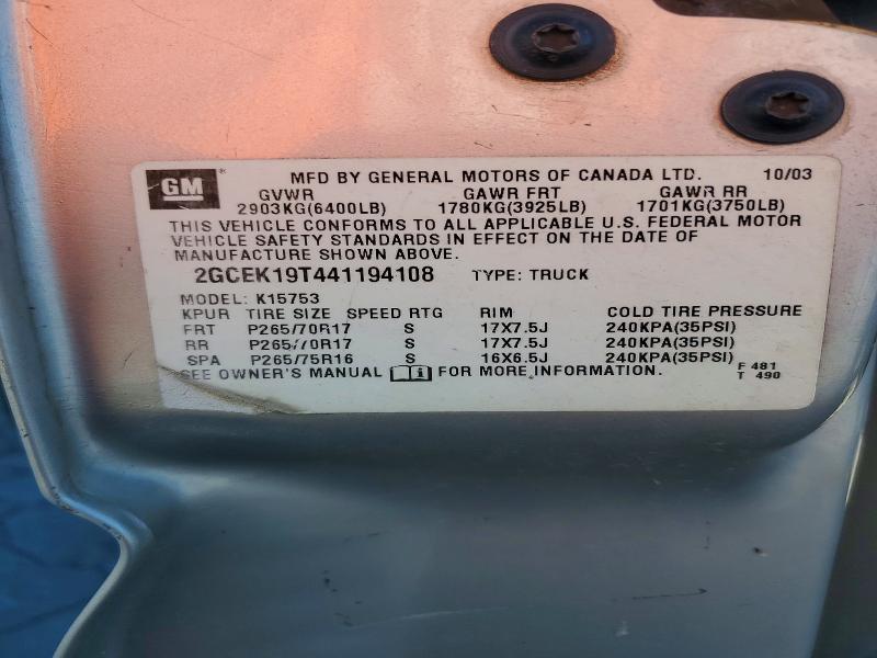 71795806 :رقم المزاد ، 2GCEK19T441194108 vin ، 2004 Chevrolet Silverado مزاد بيع