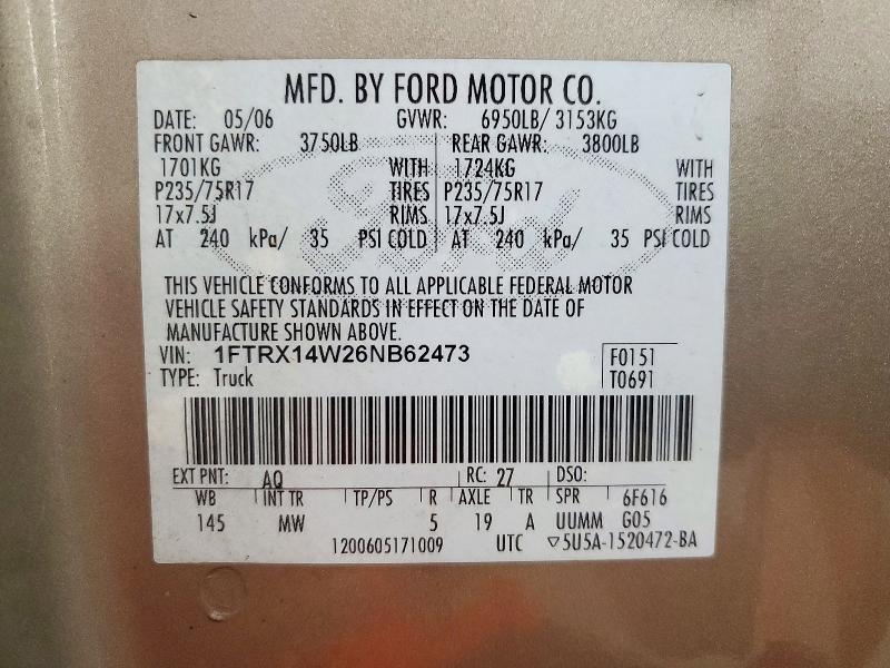 Продажа на аукционе авто 2006 Ford F150, vin: 1FTRX14W26NB62473, номер лота: 72457856