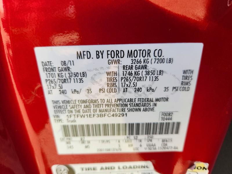 2011 Ford F150 მანქანა იყიდება აუქციონზე, vin: 1FTFW1EF3BFC49291, აუქციონის ნომერი: 72121946