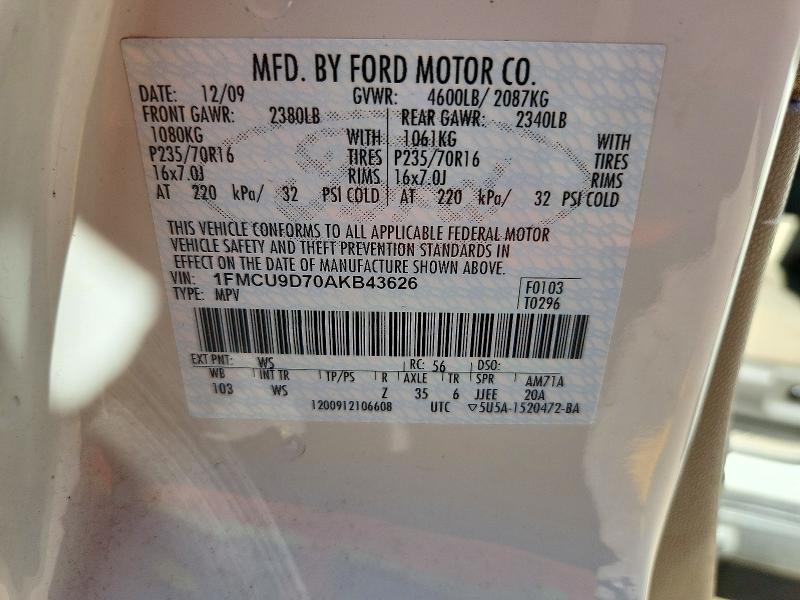 Aukcja sprzedaży 2010 Ford Escape, vin: 1FMCU9D70AKB43626, numer aukcji: 72713136